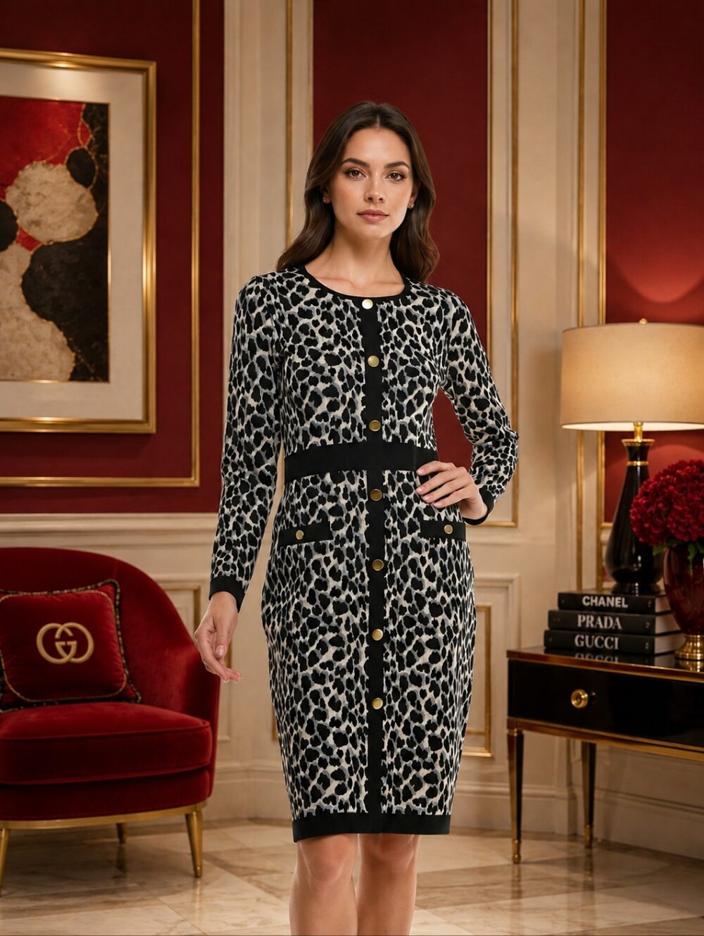 TAYLOR XL Black and White Leopard Print Long Sleeve Knit Dress